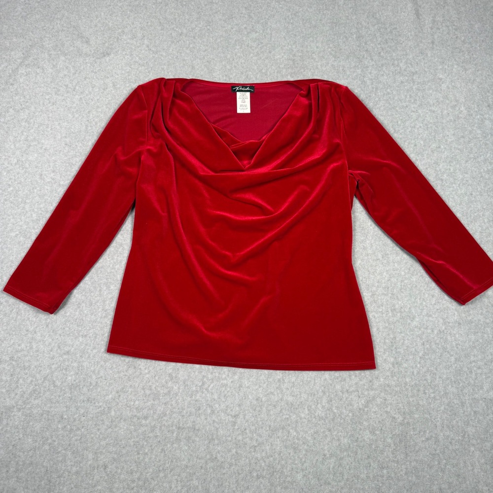 Vintage 90s Prelude Red Velvet Cowl Long Sleeve Top Size L USA Holiday Christmas